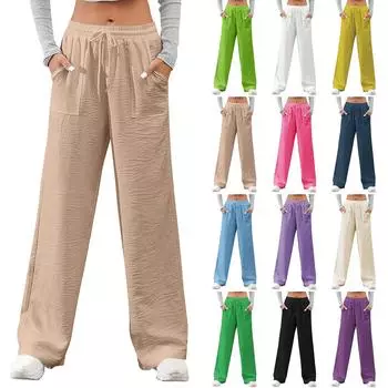Женские модные брюки однотонные повседневные брюки с эластичной резинкой на талии и карманами L бежевый