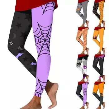 Женские модные брюки с эластичной нижней частью и принтом на Хэллоуин, эластичные брюки для йоги, девятиминутные брюки L темно-фиолетового