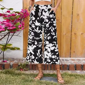 Женские модные брюки с цветочным принтом, эластичным поясом и широкими штанинами, повседневные брюки L чёрный