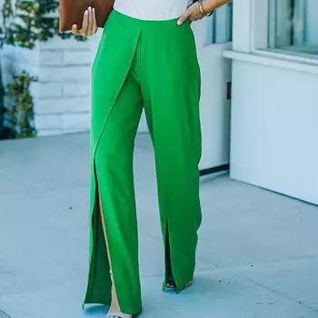 Женские модные брюки с разрезом и высокой талией, свободные элегантные брюки S зелёный