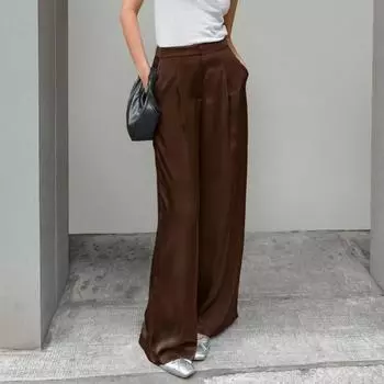 Женские модные брюки с широкими штанинами, винтажные свободные однотонные брюки на молнии, брюки на пуговицах, повседневные женские брюки с карманами S коричневый