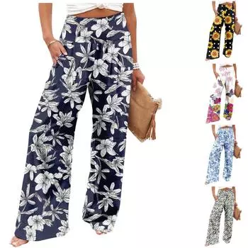 Женские модные брюки с высокой талией, женские эластичные широкие брюки, повседневные и удобные пляжные брюки L