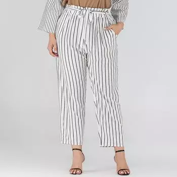 Женские модные брюки в полоску больших размеров, свободные повседневные брюки с высокой талией и поясом L белый
