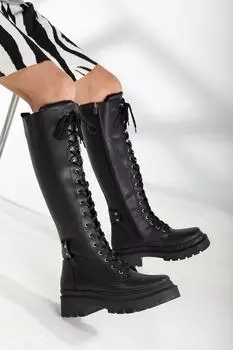 Женские модные черные ботинки на молнии на шнуровке