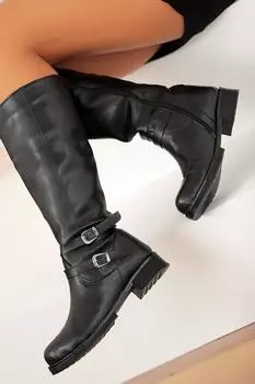 Женские модные черные ботинки с двойной пряжкой