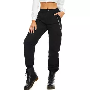 Женские модные черные брюки-карго с эластичной резинкой на талии, уличная одежда, джоггеры с цепочкой, весенние свободные брюки с карманами большого размера S чёрный
