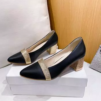 Женские модные черные туфли без шнуровки из искусственной кожи с острым носком, женские классические туфли-лодочки золотого цвета для вечеринок Zapato Tacon Alto 35