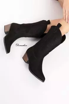 Женские модные черные замшевые длинные ковбойские сапоги с вышивкой на каблуке 5 см