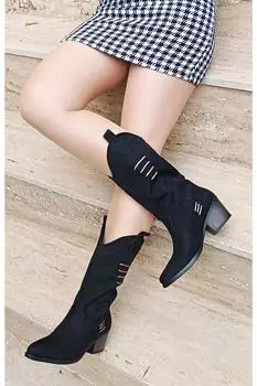 Женские модные черные замшевые ковбойские сапоги с острым носком