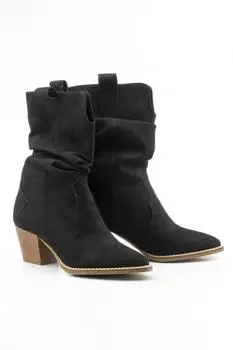 Женские модные черные замшевые ковбойские сапоги в стиле вестерн на каблуке со ластовицами