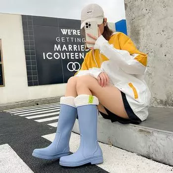 Женские модные длинные бархатные резиновые сапоги 36