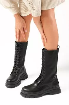 Женские модные длинные ботинки Lorita черного цвета на шнуровке и молнии