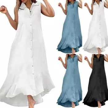 Женские модные длинные однотонные платья из хлопка и льна без рукавов с лацканами L чёрный