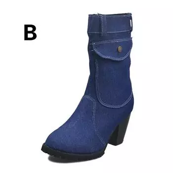 Женские модные джинсовые сапоги средней длины на высоком каблуке больших размеров, обувь на осень-весну-зиму 35