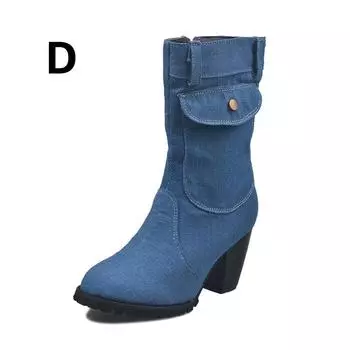 Женские модные джинсовые сапоги средней длины на высоком каблуке больших размеров, обувь на осень-весну-зиму 35