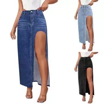 Женские модные джинсовые юбки с высоким разрезом L чёрный