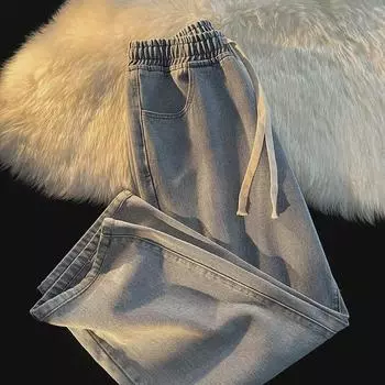 Женские модные джинсы с широкими штанинами и эластичным поясом на шнурке - лето и осень 2023 г. 2XL