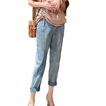 Женские модные джинсы, светлые колготки, длинные брюки с талией, джинсы с бриллиантами XS светло-синий