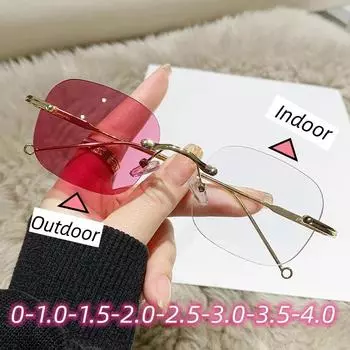 Женские модные фотохромные очки без оправы, роскошные очки для близорукости, блокирующие синий свет, солнцезащитные очки для улицы, меняющие цвет 0