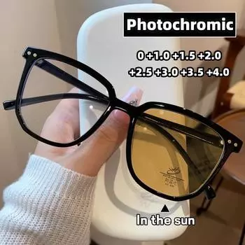 Женские модные фотохромные очки для чтения, анти-синий свет, дальнозоркие очки, готовые квадратные солнцезащитные очки, диоптрии 0 + 4,0 0
