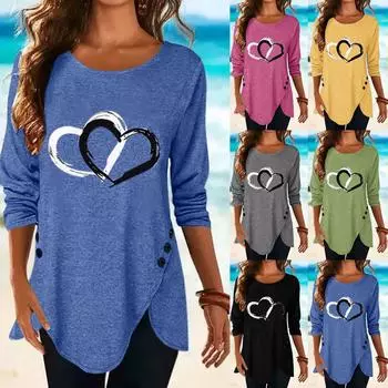 Женские модные футболки больших размеров с длинным рукавом, рубашка с 3D принтом сердца, женские топы с круглым вырезом, футболка S чёрный
