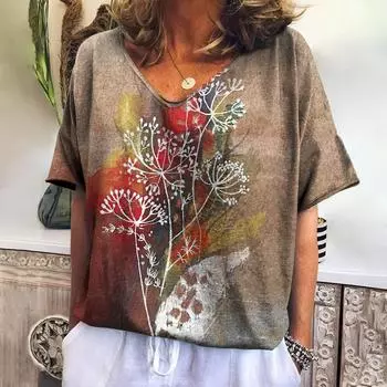 Женские модные футболки с 3D-принтом цветов, винтажная цветочная уличная одежда, футболка с коротким рукавом и V-образным вырезом, женские футболки, топы, женская одежда S