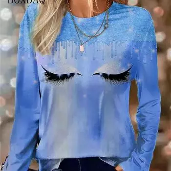 Женские модные футболки с абстрактным рисунком в виде ресниц и лица, весна-осень, с длинным рукавом, 3D-принт, уличный стиль, женская футболка 6XL, топы больших размеров S