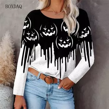 Женские модные футболки с изображением ужасов и тыквы на Хэллоуин, с длинным рукавом и 3d принтом, уличные женские футболки в стиле хип-хоп, повседневные топы большого размера 6XL S