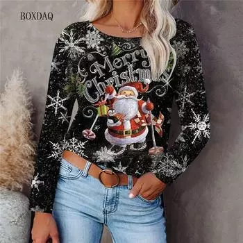 Женские модные футболки с рисунком Санта-Клауса и снежинок, осень-зима, с длинным рукавом и 3d принтом, рождественские уличные женские топы S