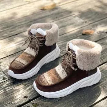 Женские модные хлопковые ботинки на среднем каблуке, новые зимние ботинки из замши с круглым носком, подходящего цвета, на толстой подошве, со шнуровкой, на мягкой подошве 36 коричневый