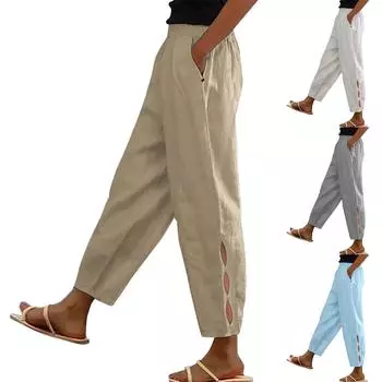 Женские модные хлопковые и льняные однотонные повседневные повседневные брюки с боковыми карманами и полыми пуговицами L серый