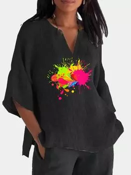 Женские модные хлопковые льняные блузки больших размеров с v-образным вырезом, рубашка с длинными рукавами 3/4, женский повседневный пуловер с принтом, свободный топ 2XL синий