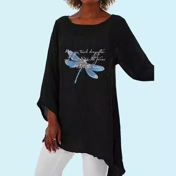 Женские модные хлопковые льняные блузки с женским принтом, топ с длинными рукавами 3/4, повседневные блузки с круглым вырезом, весенне-летняя свободная рубашка S белый