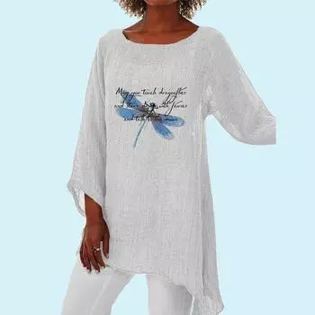 Женские модные хлопковые льняные блузки с женским принтом, топ с длинными рукавами 3/4, повседневные блузки с круглым вырезом, весенне-летняя свободная рубашка S белый