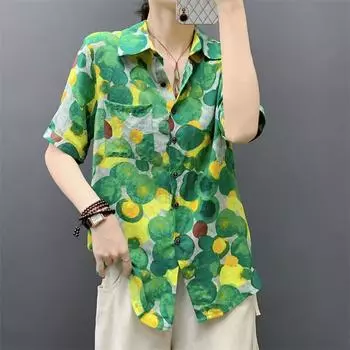 Женские модные хлопковые льняные рубашки на пуговицах с принтом, летние винтажные блузки с короткими рукавами Y2K, повседневные свободные туники, топы Blusa M зелёный