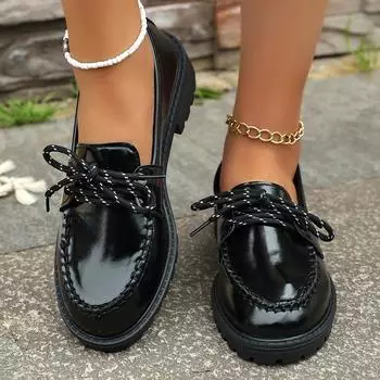 Женские модные и элегантные лоферы однотонной расцветки, декоративные туфли на шнуровке для путешествий, женская обувь в стиле колледжа с круглым носком и толстым каблуком 35