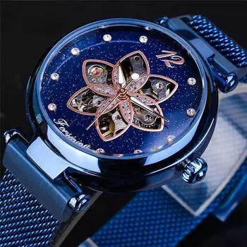 Женские модные и повседневные механические часы-скелетоны с сетчатым ремешком и автоматическим механизмом