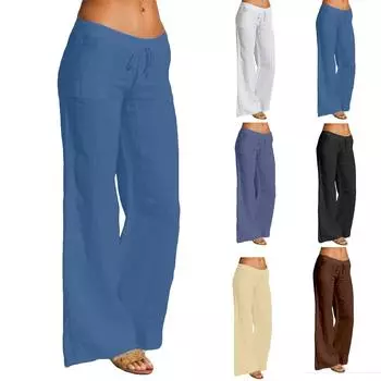 Женские модные и сексуальные однотонные удобные и дышащие повседневные брюки со средней талией и широкими штанинами L чёрный