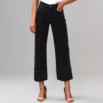 Женские модные и универсальные джинсы с высокой талией и широкими штанинами в европейском и американском стиле M чёрный