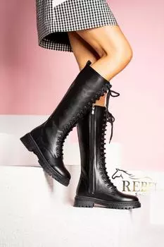 Женские модные качественные, яркие ботинки, черная кожа