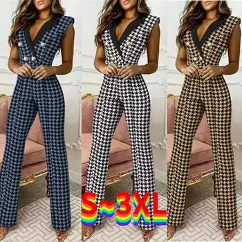 Женские модные комбинезоны без рукавов с принтом, сексуальные однотонные комбинезоны в клетку с глубоким V-образным вырезом для женщин XXXL