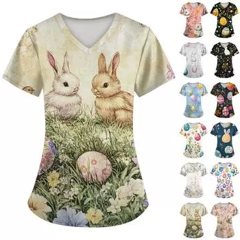 Женские модные комбинезоны с коротким рукавом и V-образным вырезом, с карманами, пасхальные топы с принтом, одежда L