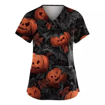 Женские модные комбинезоны с V-образным вырезом и короткими рукавами, с карманами, топы с принтом на Хэллоуин, одежда S