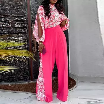 Женские модные комплекты брюк с круглым вырезом и разрезом, длинным рукавом и широкими штанинами S оранжевый