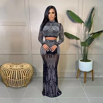 Женские модные комплекты, вечернее платье, сексуальная клубная одежда, черная футболка со стразами и юбкой с длинными рукавами, комплекты из 2 предметов, S-2XL S