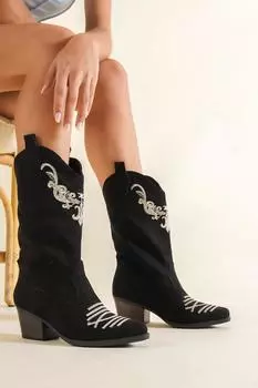 Женские модные ковбойские черные замшевые сапоги на низком каблуке с вышивкой Owen