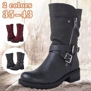 Женские модные кожаные ботинки со средним рукавом и металлической пряжкой на плоской подошве 35 красный