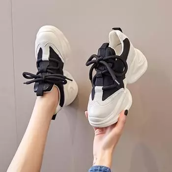 Женские модные кроссовки Dad Sneakers на толстой подошве, увеличивающие рост, 2024 года — новые весенние повседневные туфли на платформе из коровьей кожи Size 34