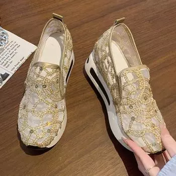 Женские модные кроссовки, летние туфли с блестками и кружевом на толстой подошве, повседневные сетчатые туфли с круглой головкой 36 чёрный