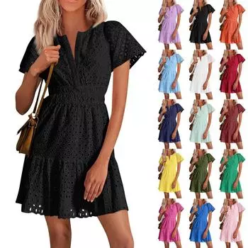 Женские модные кружевные однотонные повседневные платья с V-образным вырезом и коротким рукавом L армия зеленый
